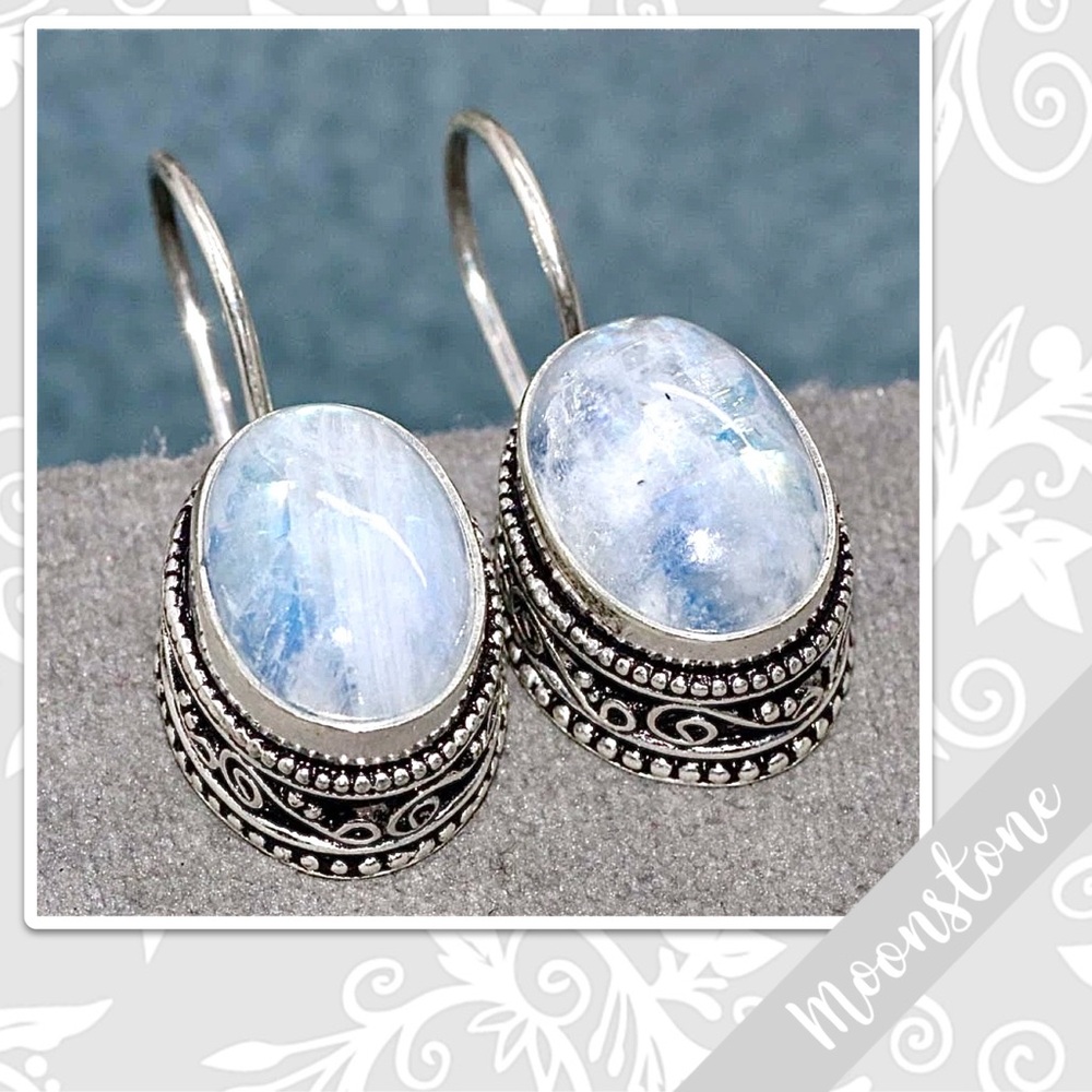 Rainbow Moonstone Silver Artisan Drop Dangle Earrings, 1.2” (Pearl White, Blue)